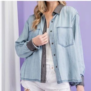 NWT EESome Small CONTRAST TENCEL DENIM TOP Blue & Gray